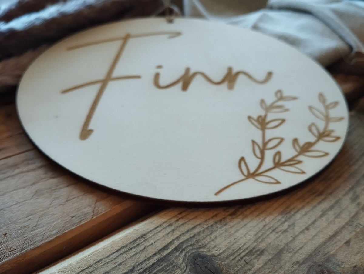 Namensschild rund Kinderzimmer Zweig | Geschenk zur Geburt | Türschild | Holzschild personalisiert | Wanddekoration | Babyzimmer | Name