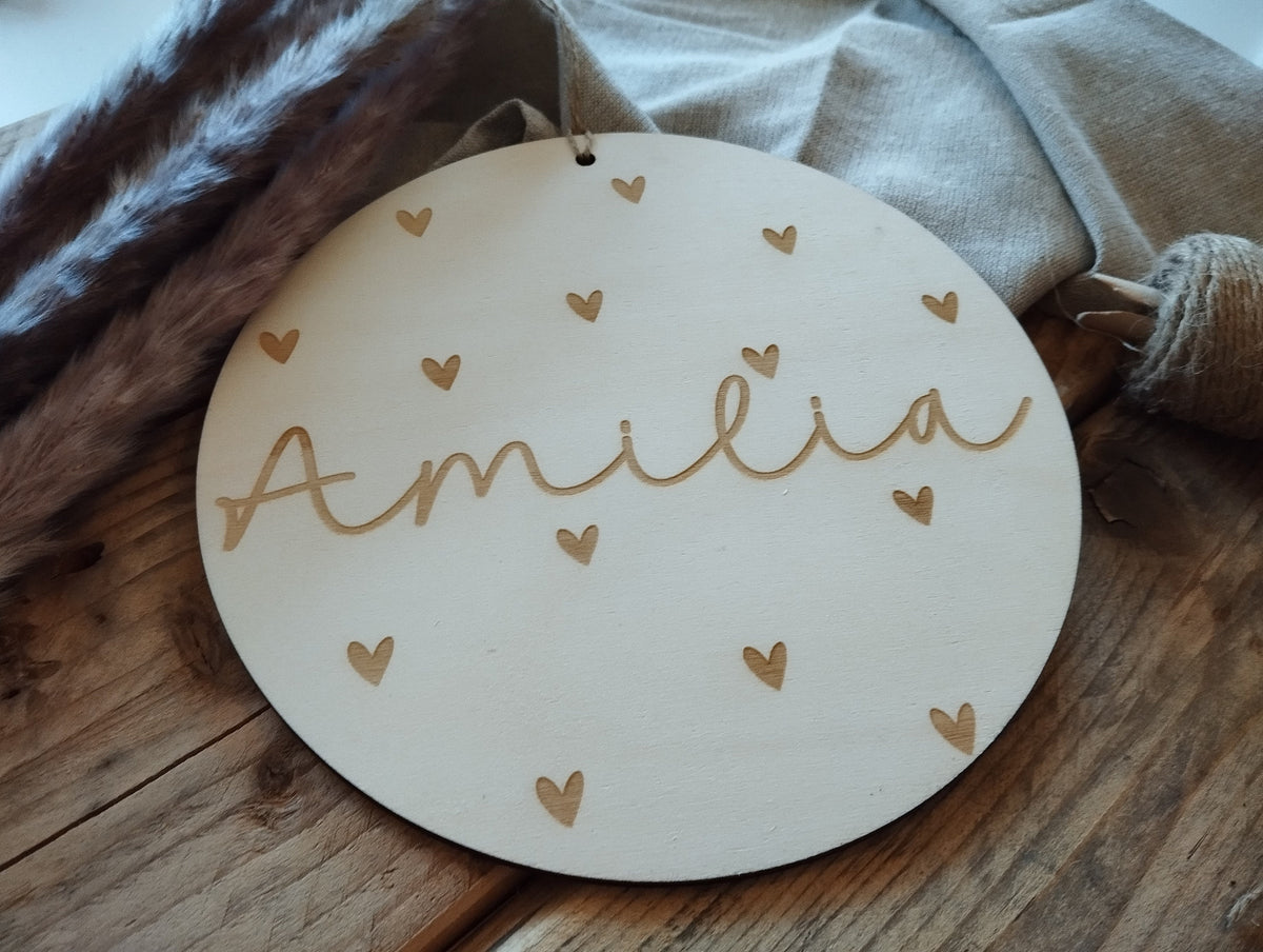 Namensschild rund Kinderzimmer Herzen | Geschenk zur Geburt | Türschild | Holzschild personalisiert | Wanddekoration | Babyzimmer | Name