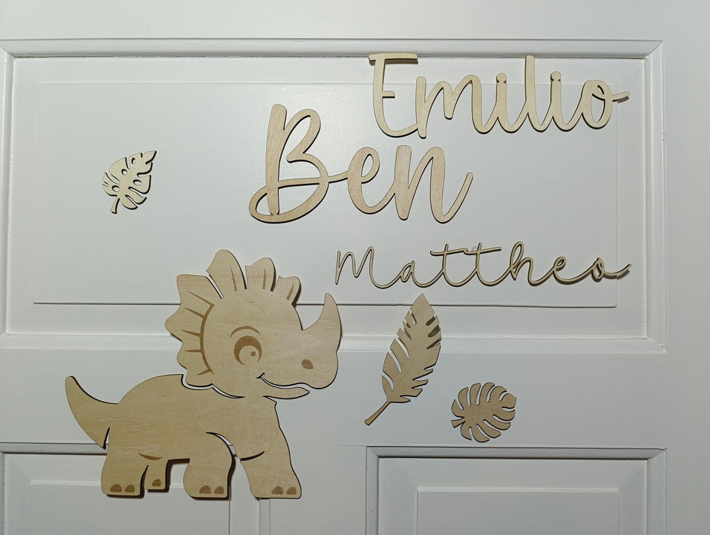 Personalisiertes Dino Türschild Wanddeko aus Holz – Einzigartige Wanddeko fürs Kinderzimmer.