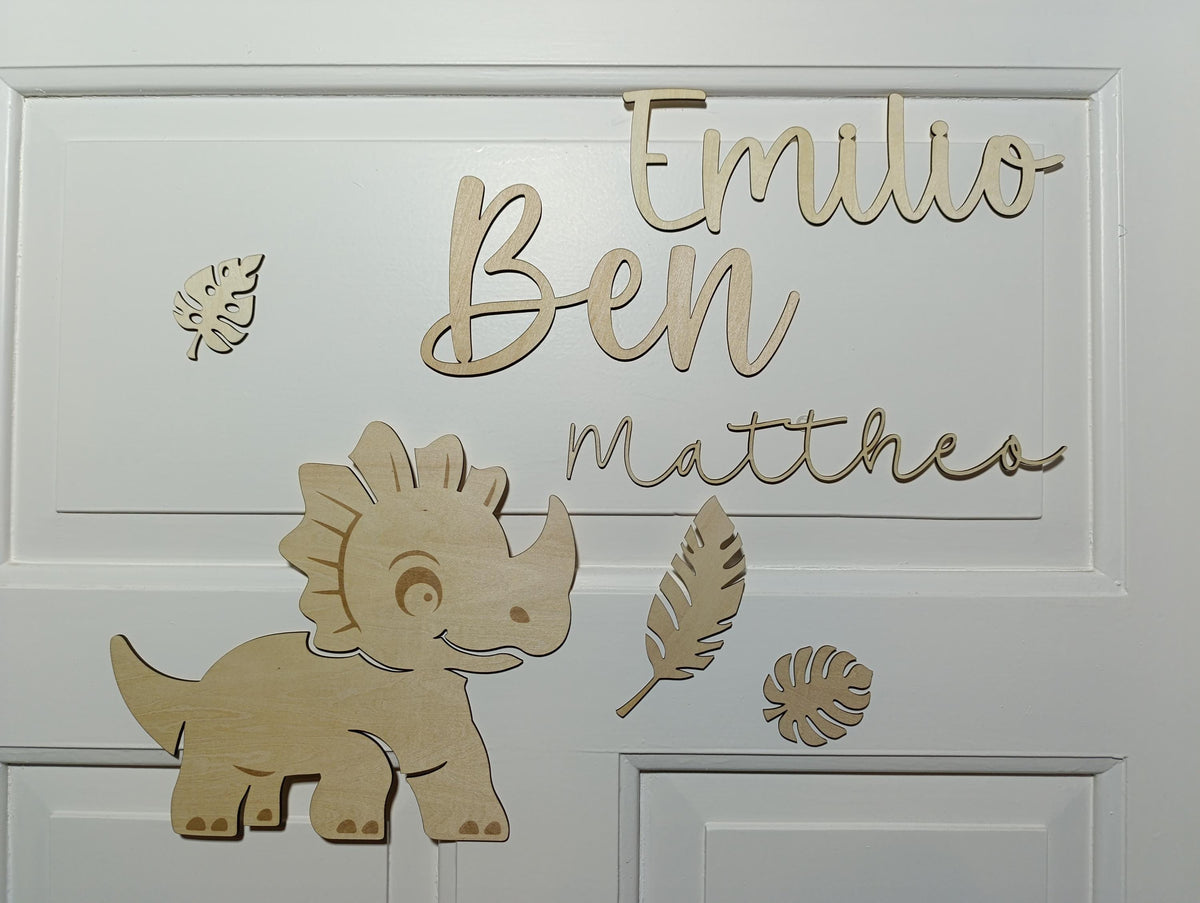 Personalisiertes Dino Türschild Wanddeko aus Holz – Einzigartige Wanddeko fürs Kinderzimmer.