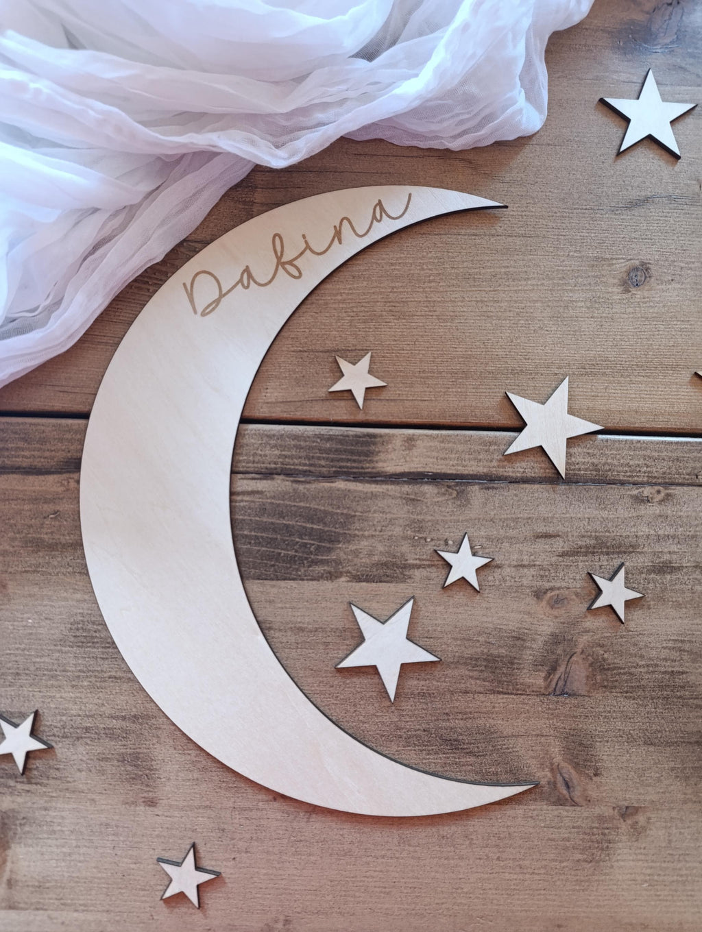 Personalisierter Mond Namensschild für das Kinderzimmer Holzschild mit Namen Geburt Taufe Geschenk Mond Wanddekoration Schriftzug Wanddeko