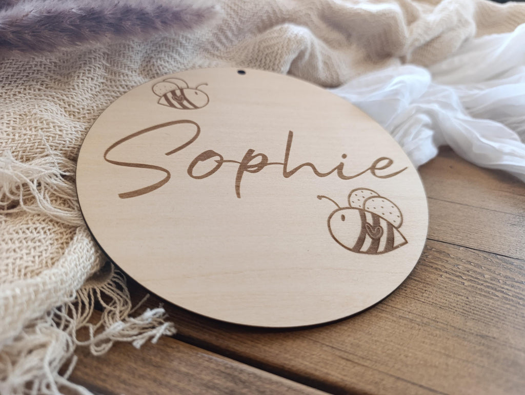Namensschild rund Kinderzimmer Biene | Geschenk zur Geburt | Türschild | Holzschild personalisiert | Wanddekoration | Babyzimmer | Name