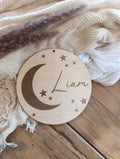 Namensschild rund personalisiert Kinderzimmer Mond Türschild Holzschild Wanddekoration Babyzimmer Geschenk Geburt Sterne
