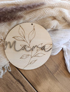 Namensschild Kranz personalisiert 3D Kinderzimmer Floral Schriftzug Türschild Holzschild Wanddeko Babyzimmer Geschenk Geburt Holzscheibe