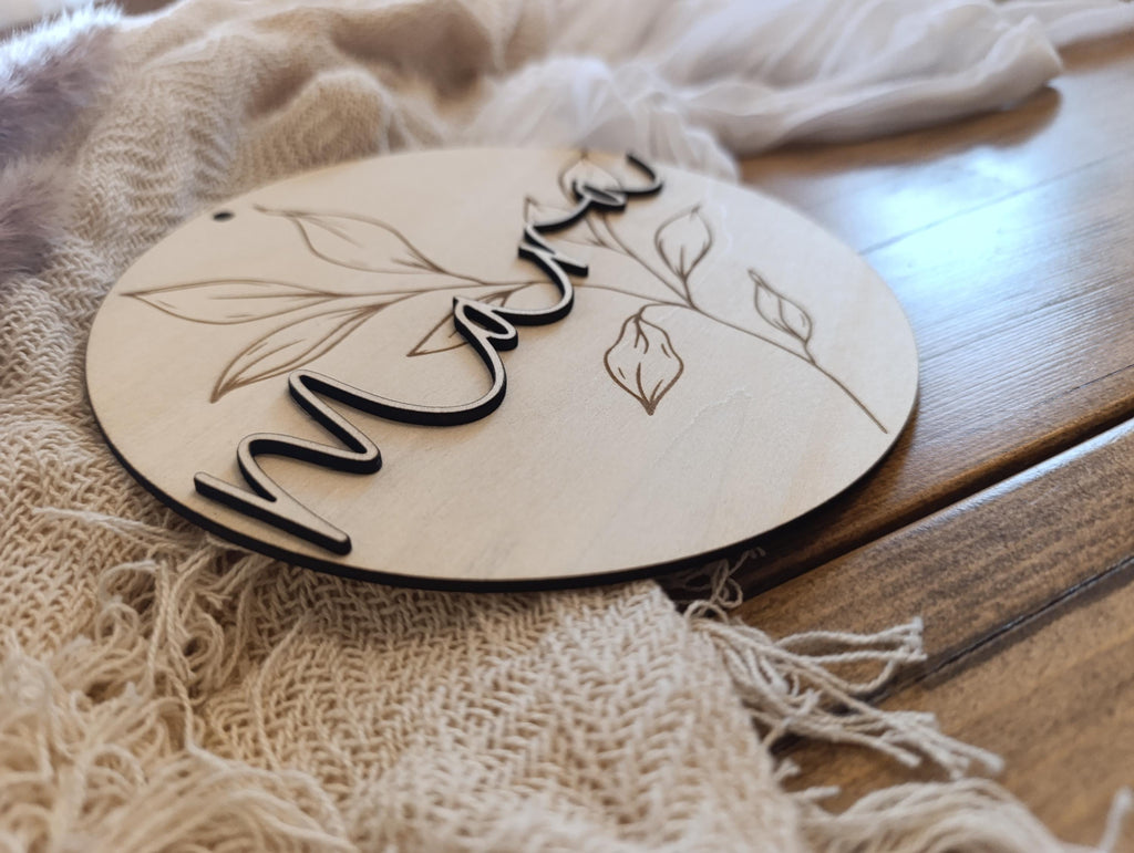 Namensschild Kranz personalisiert 3D Kinderzimmer Floral Schriftzug Türschild Holzschild Wanddeko Babyzimmer Geschenk Geburt Holzscheibe