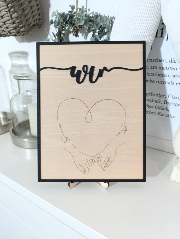 Holzbild Hochzeit personalisiert – Herz, Hände & Namen, XXL