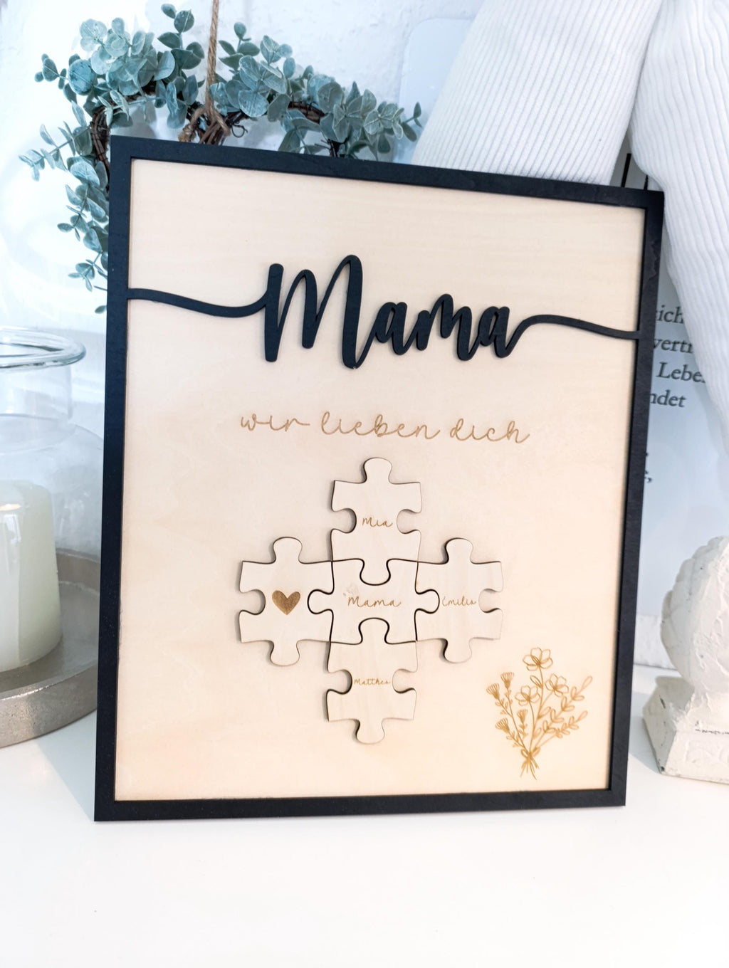 Mama wir lieben dich personalisiertes Holzbild mit Puzzle. Ideal zum Muttertag, Valentinstag, Geschenk. Geschenkidee, personalisiert