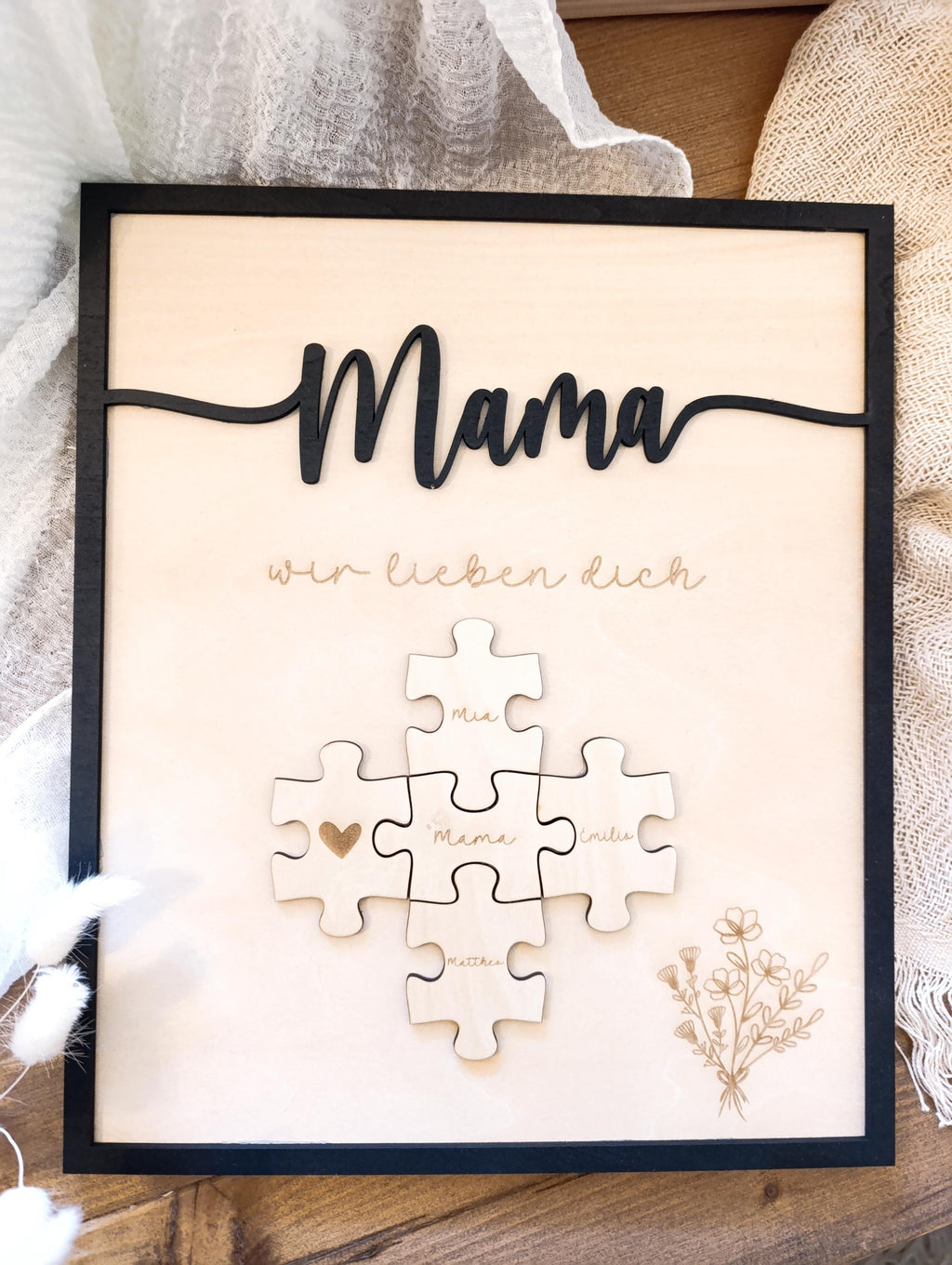 Mama wir lieben dich personalisiertes Holzbild mit Puzzle. Ideal zum Muttertag, Valentinstag, Geschenk. Geschenkidee, personalisiert