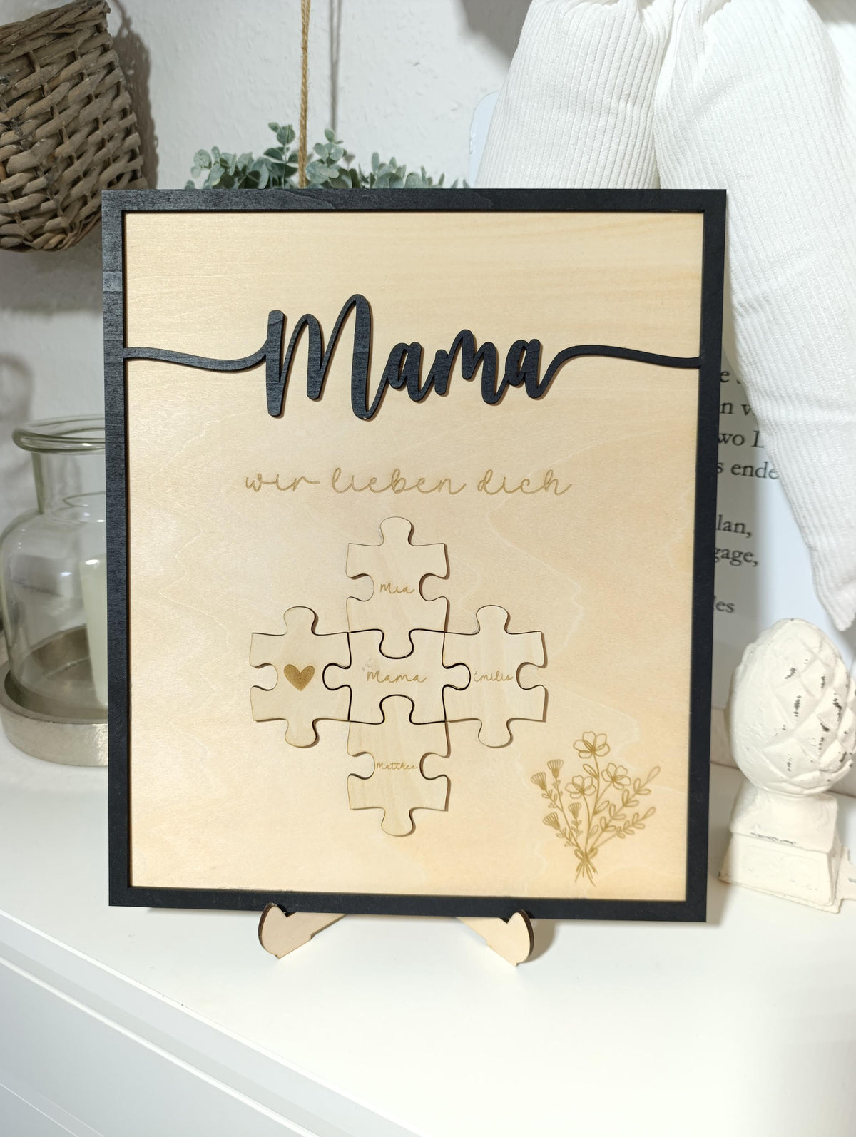 Mama wir lieben dich personalisiertes Holzbild mit Puzzle. Ideal zum Muttertag, Valentinstag, Geschenk. Geschenkidee, personalisiert