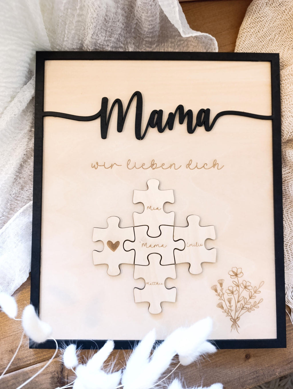 Mama wir lieben dich personalisiertes Holzbild mit Puzzle. Ideal zum Muttertag, Valentinstag, Geschenk. Geschenkidee, personalisiert
