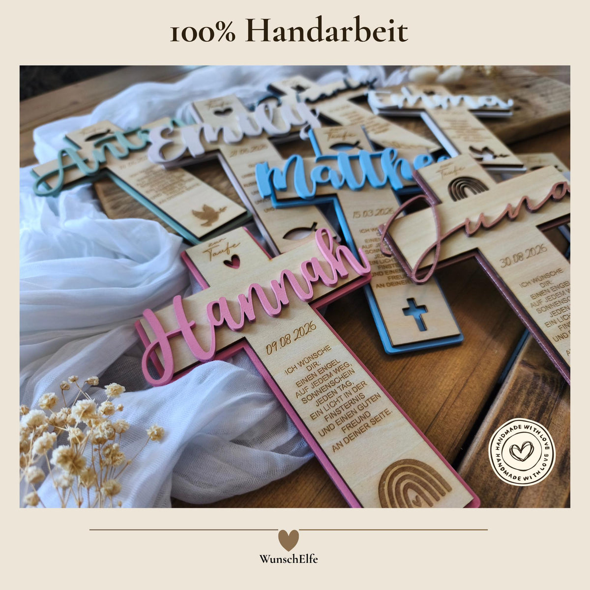 Taufkreuz Holz personalisiert, Taufgeschenk Junge Mädchen, Name Datum Spruch, 8 Varianten, 19 Farben, Kommunion Geschenk