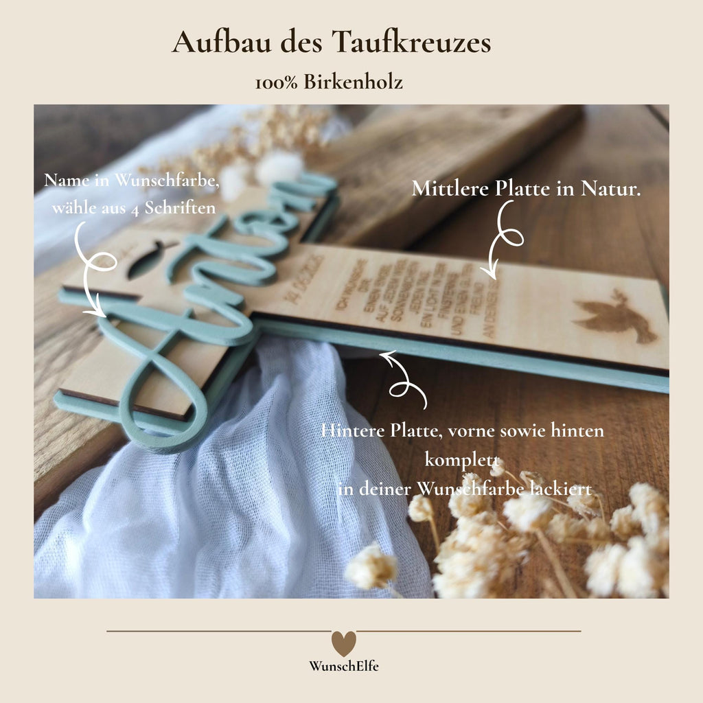 Taufkreuz Holz personalisiert, Taufgeschenk Junge Mädchen, Name Datum Spruch, 8 Varianten, 19 Farben, Kommunion Geschenk