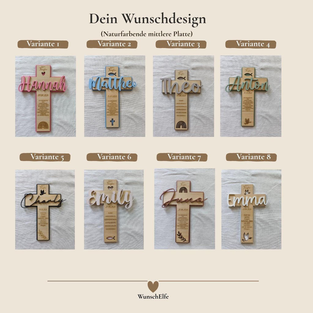 Taufkreuz Holz personalisiert, Taufgeschenk Junge Mädchen, Name Datum Spruch, 8 Varianten, 19 Farben, Kommunion Geschenk