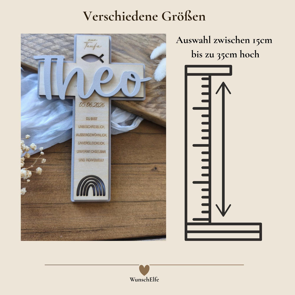 Taufkreuz Holz personalisiert, Taufgeschenk Junge Mädchen, Name Datum Spruch, 8 Varianten, 19 Farben, Kommunion Geschenk