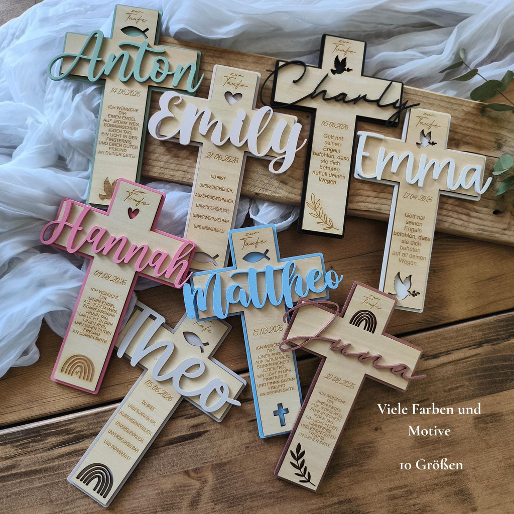 Taufkreuz Holz personalisiert, Taufgeschenk Junge Mädchen, Name Datum Spruch, 8 Varianten, 19 Farben, Kommunion Geschenk