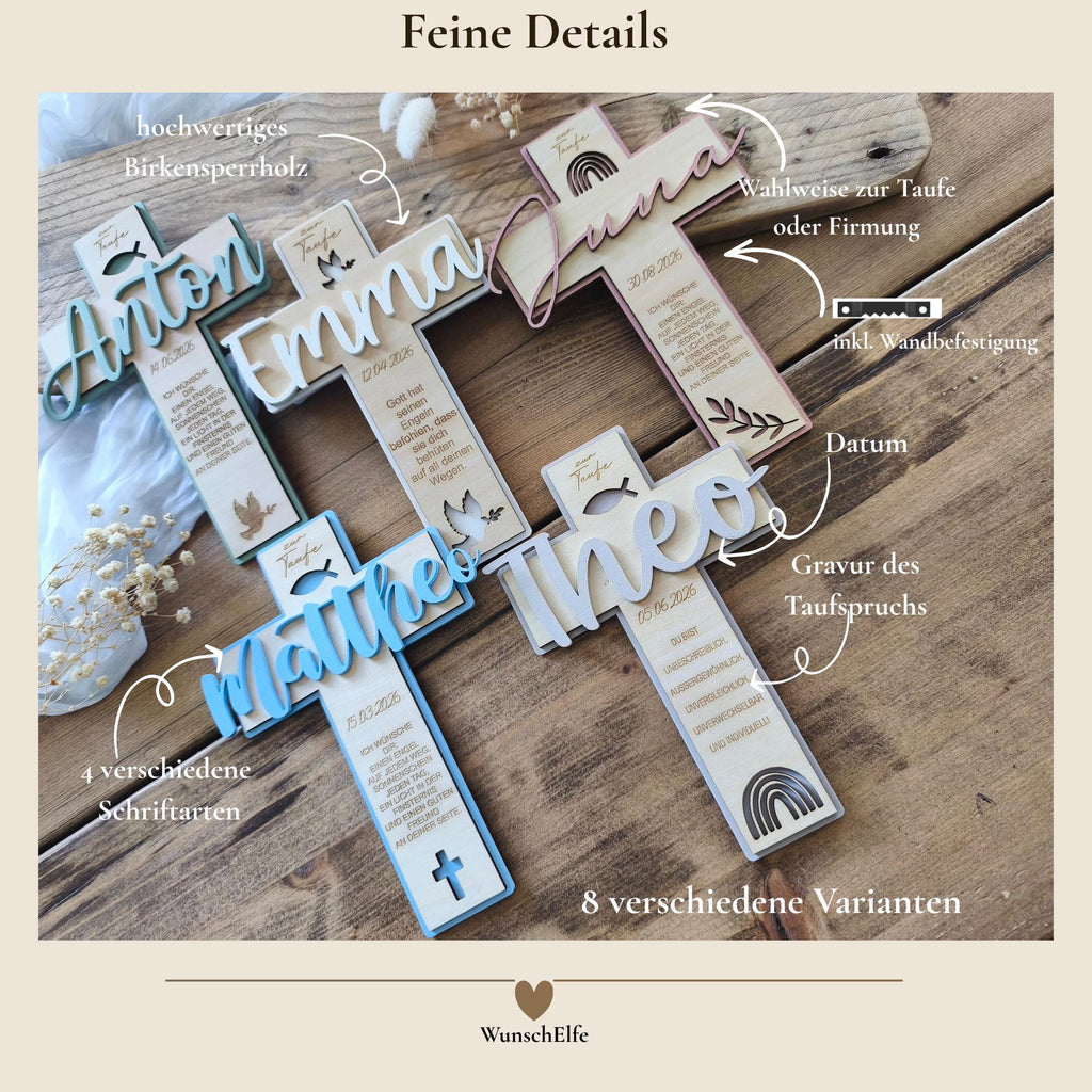 Taufkreuz Holz personalisiert, Taufgeschenk Junge Mädchen, Name Datum Spruch, 8 Varianten, 19 Farben, Kommunion Geschenk